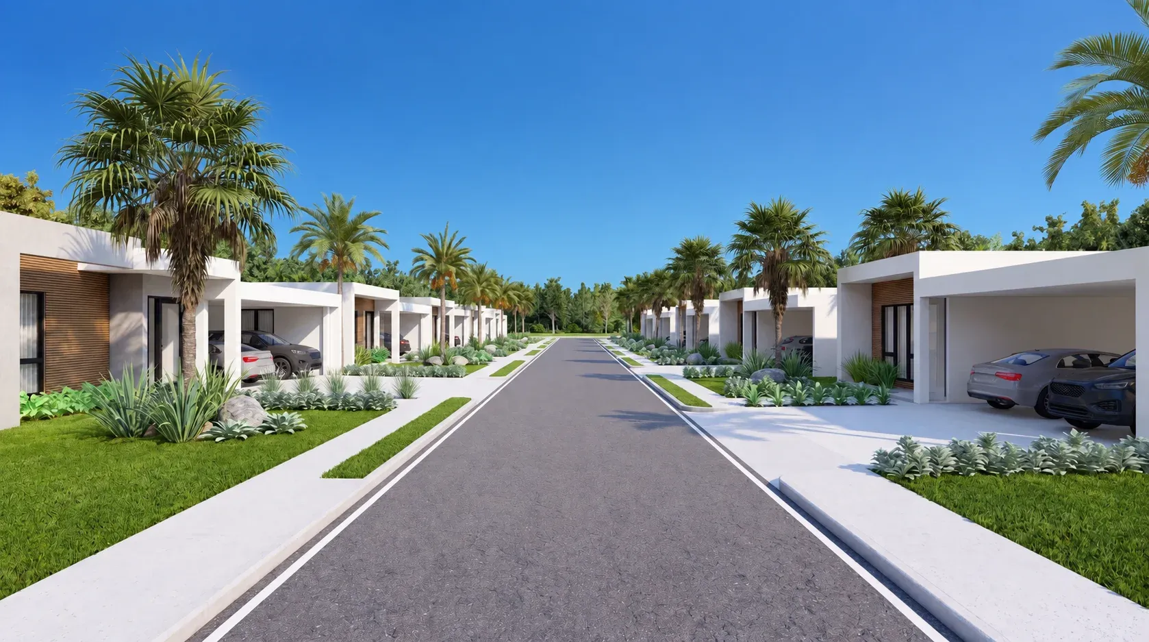Calle residencial de Masías at the Hills con casas modernas blancas y palmeras
